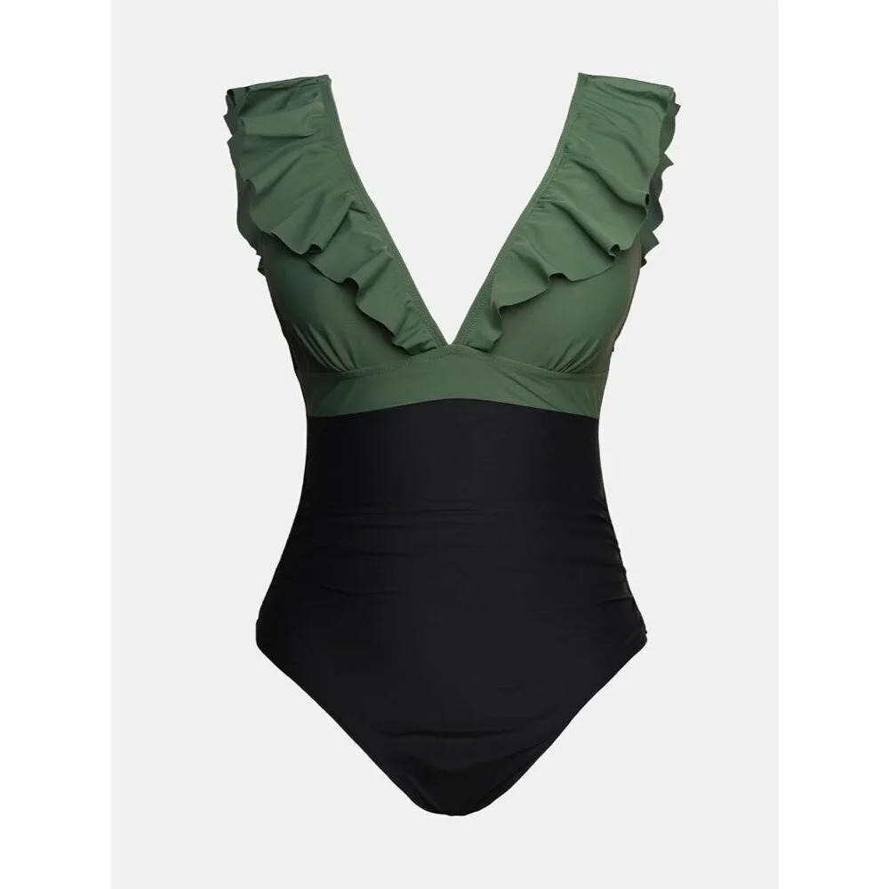 Women's  Green Black Ruffled One Piece Swimsuit V Neck Lace Up